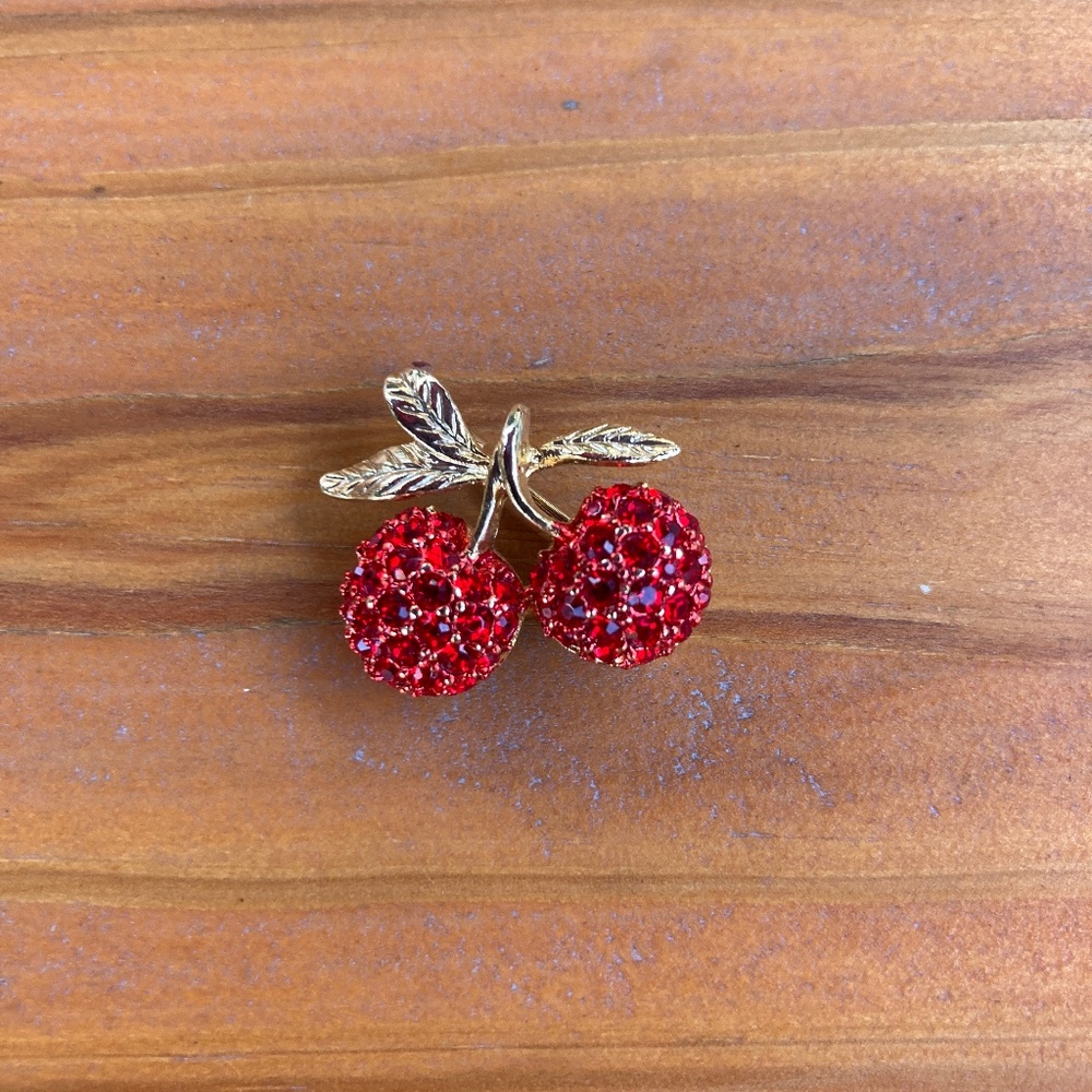 Cherry Brooch Pin, Goldtone and Red Sparkly Rhinestones
